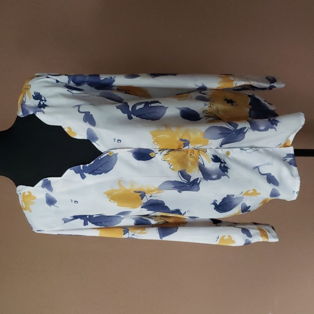 Long Sleeve Blouse White with Blue and Gold Floral Design Medium